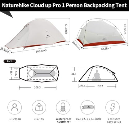 Naturehike Cloud Up 1 Person Tent, Lightweight Backpacking Tents for One Man, Waterproof Ultralight One Person Tent for Camping Hiking Backpacking - color: Gray