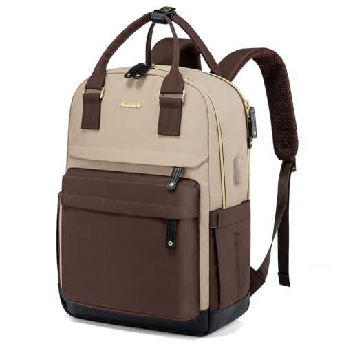LOVEVOOK Travel Laptop Backpack Women, 15.6 Inch Anti-theft Laptop Bag with USB Port, Fashion Waterproof Computer Backpacks Teacher Nurse Backpack Purse for College Work - color: Khaki-coffee, size: 15.6 Inch