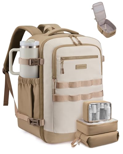 LOVEVOOK 40L Travel Backpack for Women & Men, TSA Approved Carry On Backpack with 3 Packing Cubes, Waterproof Personal Item Bag Fits 17" Laptop, Weekender Essentials Overnight Backpack for Trip - color: Khaki & White, size: 40L-4PCS