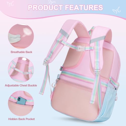 DIGOBAY 3PCS Girls Backpack for School, Kids Backpack for Girls with Lunch Bag Pencil Case, Kids Bookbag Teen Girl Backpacks for Elementary Middle High College School (Pink-blue Gradient) - color: Pink-blue Gradient