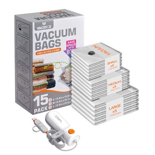 Vacuum Bags for Travel with USB & TYPE C Pump, Vacuum Seal Travel Bags, 15 Pack Carry-On Vacuum Storage Bags for Luggage & Suitcase, Space Saver for Clothes & Travel(Grey) - style: Grey-15 Vacuum Bags + USB & TYPE-C Pump