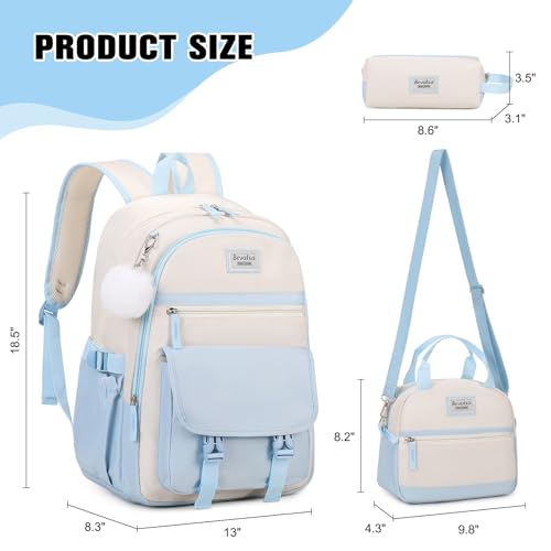 Bevalsa Backpack for Girls, 3PCS School Backpacks with Lunch Box - color: Beige Blue, size: 17.3 inch