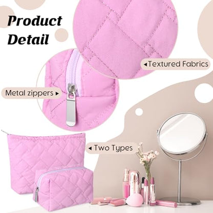 Huhumy 2 Pc Makeup Bag Set Cute Quilted Cosmetic Pouch for Women Travel Toiletry Bag Preppy Small Makeup Purse Pouch Skincare Brushes Storage Organizer Pencil Case Set(Knitted,Quilted,Rose Pink) - color: Rose Pink, style: Knitted