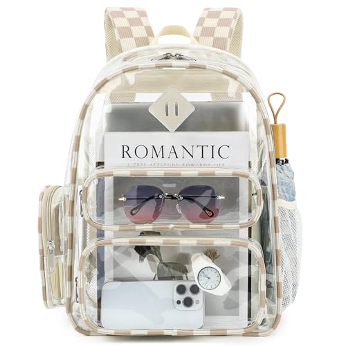 Clear Backpack for School, Girls Boys Transparent Bookbag Women See Through Backpack for Travel Security College Concert (Corduroy Checkered Brown) - color: Corduroy Checkered Brown