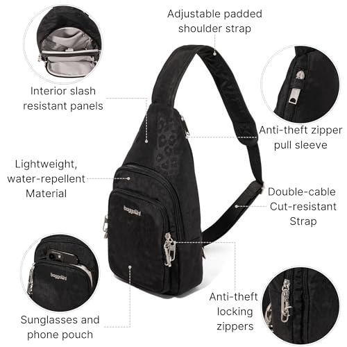 Baggallini Securtex Anti-Theft Daytripper Sling - color: Black Cheetah Emboss