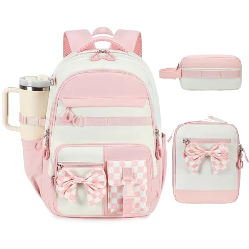 CAMTOP Girls Backpack with Lunch Box & Pencil Case Set, School Backpack for Girls with Large Water Bottle Holder Straps, Waterproof Kids Backpack, Cute Bookbag for Elementary School & Travel - color: Pink White
