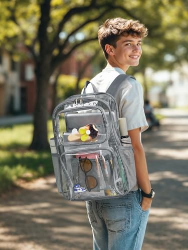 Clear Backpack Heavy Duty for Women Men Boys Girls, Large Clear Bookbag See Through Backpack for School College - color: 6#grey+pouch-no Reflective Strips