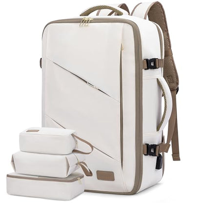 LOVEVOOK Travel Carry on Backpack, Large 40L Personal Item Travel Bag for Men & Women Flight Approved with 3 Packing Cubes, Suitcase Water Resistant Luggage Daypack Business Weekender Bag - color: Beige-khaki, size: 40L-4Pcs