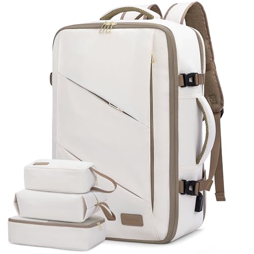 LOVEVOOK Travel Carry on Backpack, Large 40L Personal Item Travel Bag for Men & Women Flight Approved with 3 Packing Cubes, Suitcase Water Resistant Luggage Daypack Business Weekender Bag - color: Beige-khaki, size: 40L-4Pcs