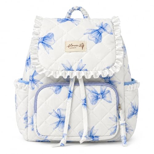 Quilted Mini Backpack For Women,Small Cute Cotton Floral Backpack Purse, Drawstring Daypack For Travel Daily Use(Blue Bow, M) - color: Blue Bow