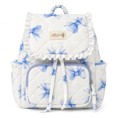 Quilted Mini Backpack For Women,Small Cute Cotton Floral Backpack Purse, Drawstring Daypack For Travel Daily Use(Blue Bow, M) - color: Blue Bow