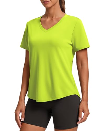 PINSPARK Soft Workout Tops for Women Short Sleeve V Neck Moisture Wicking UPF 50+ Sun Protection Quick Dry Gym Shirts - color: 03 Neon Green, size: Medium