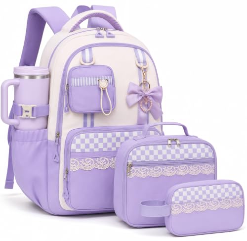 Bluboon Backpack for School Teen Girls Bookbags with Lunch Bag & Pencil Case Aesthetic Water Resistant School Bags for Kids - color: Purple Gingham