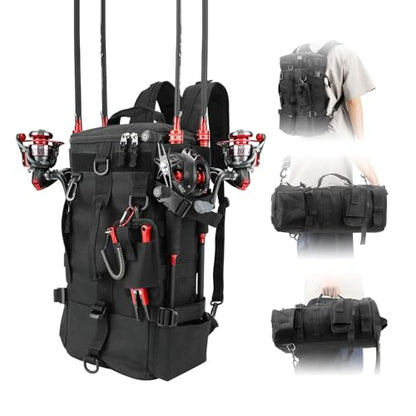 KOMCLUB Fishing Bag Black Fishing Sling Tackle Storage Backpack Outdoor Large Fishing Bag with Waterproof Rain Cover Fishing Gifts for Men - color: Black