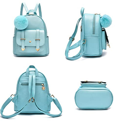 I IHAYNER Girls Fashion Backpack Mini Backpack Purse for Women Teenage Girls Purses PU Leather Pompom Backpack Shoulder Bag - color: Pearl Blue