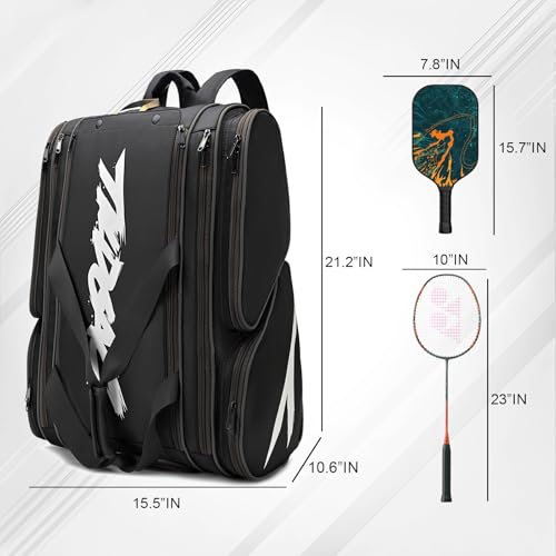 TILDOSAC Pickleball Bag - Large Paddle Bag for 4 Paddles & Accessories - Fence Hook, Extra Pockets, Shoe Compartment - color: Deep Black