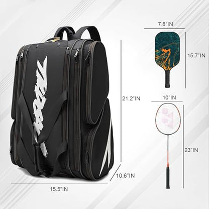 TILDOSAC Pickleball Bag - Large Paddle Bag for 4 Paddles & Accessories - Fence Hook, Extra Pockets, Shoe Compartment - color: Deep Black