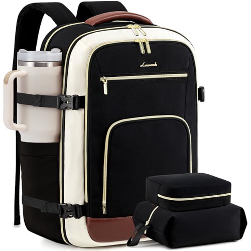 LOVEVOOK Carry On Travel Backpack For Women Flight Approved, 40L Large Personal Item Backpack Travel Bag for Airplanes, Business 17 Inch Laptop Backpack, Weekender Overnight Daypack, With 2 Cubes - color: Black-beige-brown, size: 40l-17.3 Inch-3pcs