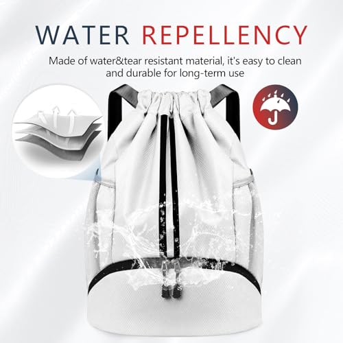 PinCute Drawstring Backpack for Women Men, Gym Bag for Soccer, Basketball, Swim, Beach, Water-Resistant Sports Backpack with Wet Pocket and Shoe Compartment, White - color: White