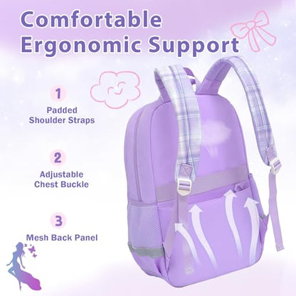 Alrisg Girls School Backpack Preppy Plaid Bookbag Lightweight Backpack for Girls Elementary Middle School Bow Purple Set - color: Purple, size: 17in Set
