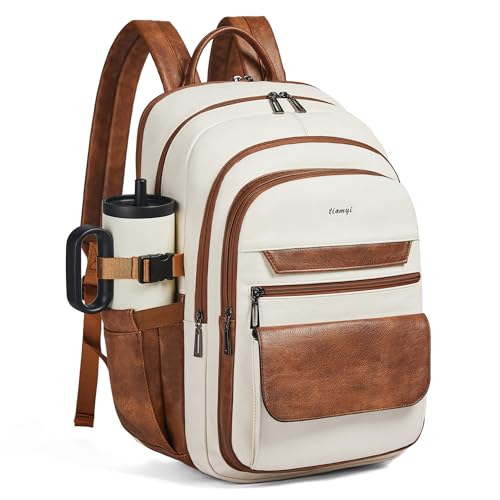 Vegan Leather Backpack, TSA Travel Backpack for Men and Women, Fits 17.0 Inch Notebook with Luggage Strap and USB Port, Beige - color: Beige
