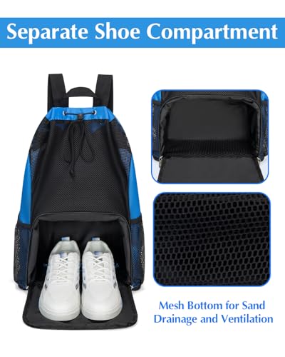 Drawstring Backpack Sandproof Beach Backpack with Shoe Compartment & Wet Pocket Waterproof Mesh Swim Bag Pool Bag for Gym, Travel and Workout Gear (Blue) - color: Blue