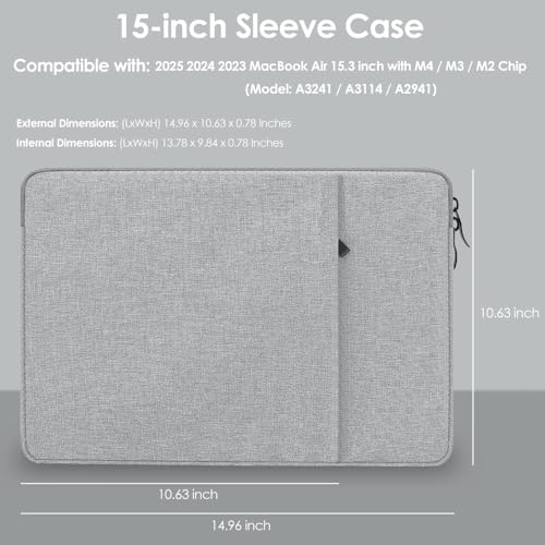 ProElife 15-Inch Laptop Sleeve Case for 2025-2023 MacBook Air 15 inch with M4 M3 M2 Accessory Traveling Carrying Case Water-Resistant Bag Cover for MacBook Air 15'' 2025 2024 2023 M4 M3 M2 (Gray) - color: Gray