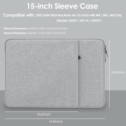 ProElife 15-Inch Laptop Sleeve Case for 2025-2023 MacBook Air 15 inch with M4 M3 M2 Accessory Traveling Carrying Case Water-Resistant Bag Cover for MacBook Air 15'' 2025 2024 2023 M4 M3 M2 (Gray) - color: Gray