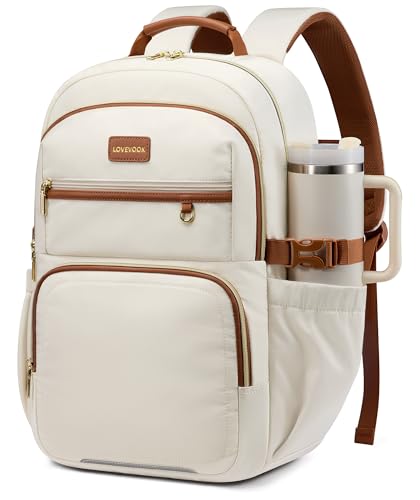 LOVEVOOK Laptop Backpack for Women, 15.6 Inch Travel Backpack with Giant Tumbler Holder Pocket, Multi-Pocket College School Bookbag Purse, Water-Resistant Work Daypack for Teacher Nurse - color: Beige-tan-m, size: 15.6 inch