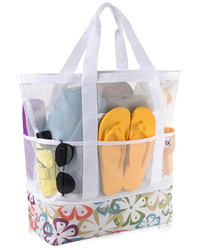 CaCTOUR Beach Bag with Cooler Compartment,Mesh Beach Bag Dry Wet Detachable with Zipper Pockets,Waterproof Sandproof Pool Bag - color: White