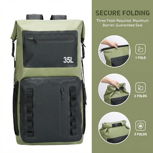 100% Waterproof Roll-Top Dry Bag Backpack with Front Splash-Proof Pocket, Lightweight Floating Pack for Kayaking, Hiking & Travel,35L (Green-black) - color: Green-black