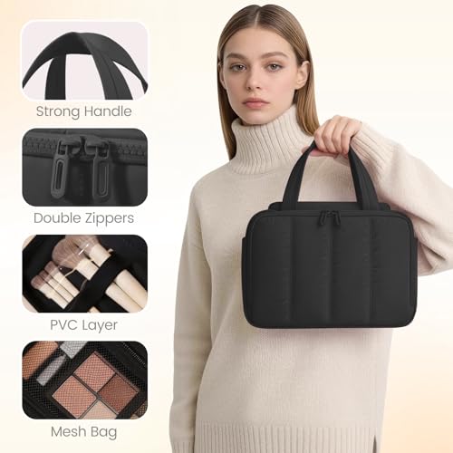 Toiletry Bag for Women Puffy Large,Travel Makeup Bag,Large Toiletry Bag with Adjustable Dividers,Waterproof Cosmetic Travel Bag with Trolley Sleeve,Toiletries Organizer,Black - color: Black