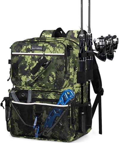 Fishing Backpack with Removable Bait Binder, Large Water Resistant Tackle Bag Storage Gear and Equipment for Fishing, Camping, Hiking, Green - color: Green Camo - Detachable