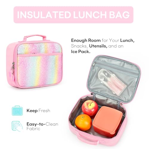 mibasies Girls Backpack with Lunch Box: 3PCS Kids Backpack Set for Kindergarten Elementary - 15 IN Cute Bookbag - Glitter Rainbow - color: Glitter Rainbow