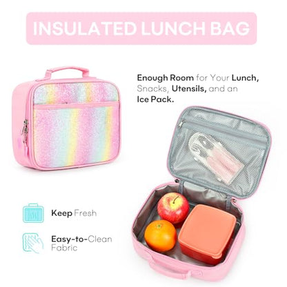mibasies Girls Backpack with Lunch Box: 3PCS Kids Backpack Set for Kindergarten Elementary - 15 IN Cute Bookbag - Glitter Rainbow - color: Glitter Rainbow