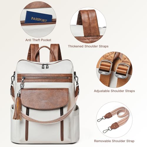 Shrrie Laptop Backpack for Women 15.6 inch,Travel Leather Backpack Purse Nurse Teacher Carry on Backpack Computer Bag,Professional Water-Resistant College Business Work Casual Daypack,Beige with Brown - color: Beige With Brown