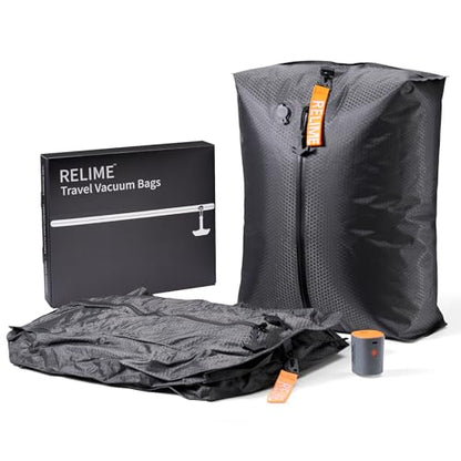Relime Classic Series Vacuum Bags for Travel Luggage with Wireless Pump, Compression Bags for Carry On Suitcases and Backpack, Vacuum Seal Packing cube for Cloth Packing (2PC + PUMP) - color: 2PC Gray