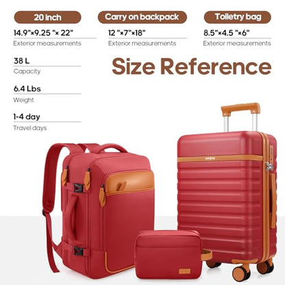 UKEIN Luggage Sets 3 Piece, Carry On Luggage 20In With Spinner Wheels,PC Hardside Suitcase Set with TSA Lock,Durable Carry On Suitcase With Travel Backpack for Men (Red, 3 piece set (20inch)) - color: Red, size: 3 piece set (20inch)