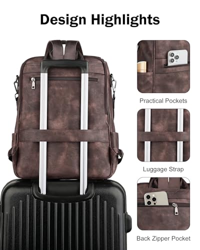 FADEON Laptop Backpack for Women Leather Travel Backpack with Laptop Compartment, Designer Ladies Computer Backpacks Coffee - color: Coffee Brown Retro Style