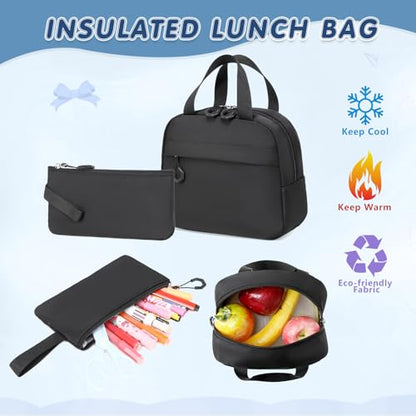 GeeWin Backpacks for Girls, Girls Backpack with Lunch Box & Pencil Case Set, 17 Inch Waterproof Girl Bookbag with Lots of Pockets for Kids, Teens, Elementary Middle High College School Student(Black) - color: Black