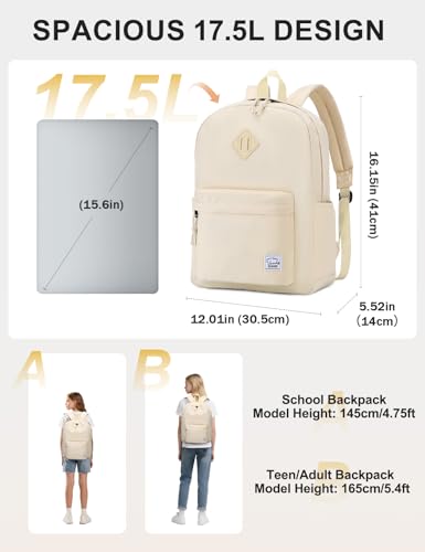 VASCHY Lightweight Backpack for School, Water Resistant Classic Bookbag with Side Pockets for Girls,Kids,Teens Beige - color: Almond Beige