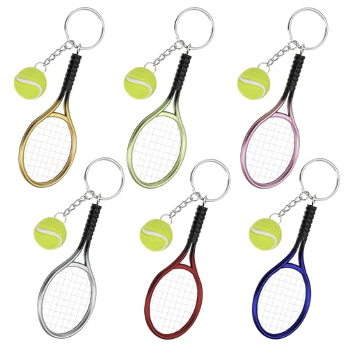 Tennis Keychain, Mini Racket & Ball Alloy Key Ring, Cute Backpack Ornament, Sport Team Gift for Men Women, 6 Colors - color: 6 Pack