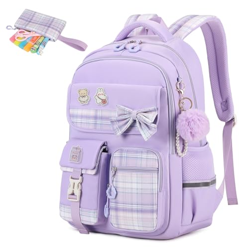 MOONBABY Girls Backpack, Kids Backpack for Girls School Bags with Pen Case, Bow Plaid Book Bag for Elementary Middle Primary High School College, Purple-2pcs - color: Purple
