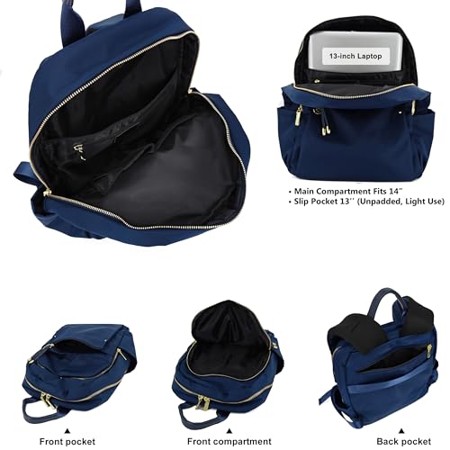 M-ioi-M Medium Backpack Purse for Women, Fashion Nylon Daypack with Gold Hardware, Lightweight Water-Resistant Rucksack for College, Work, Travel, Everyday Use, Fits 13–14" Laptop (Navy Blue,Medium) - color: Navy Blue,medium