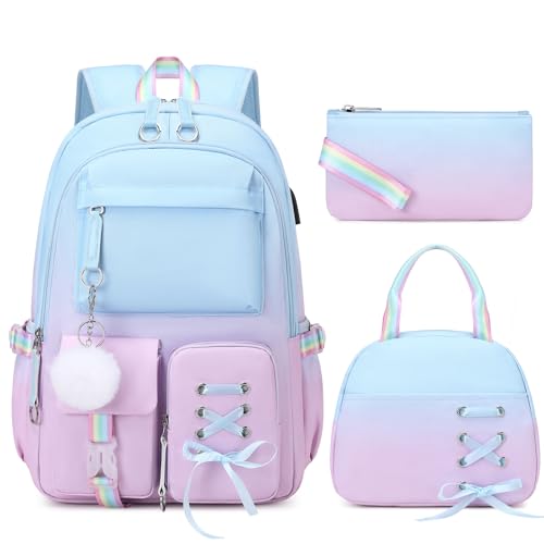 ACESAK Backpacks for Girls, Girls Backpack with Lunch Box and Pencil Case for Teen Kids Elementary Middle High School College Student, Children Backpack Bookbag with USB Charging Port (Blue-purple) - color: Blue-to-purple Gradient