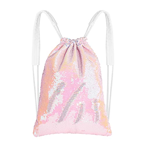 MHJY Sparkly Drawstring Backpack Mermaid Sequin Dance Bag Sports Gym Beach Swim Backpack Birthday Easter Gift Bag | Dance Bag - color: Mermaid Pink