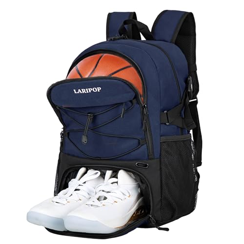 LARIPOP Basketball Backpack with Ball Compartment - Ventilated Shoe Pocket Fits US Size 15, Water Resistant 30L Sports Bag for Men Women Teen Athletes Practice Travel - color: Dark Blue
