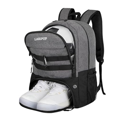 LARIPOP Soccer Backpack with Ball Holder & Shoe Compartment Large Capacity Sports Bag for Training - color: Light gray