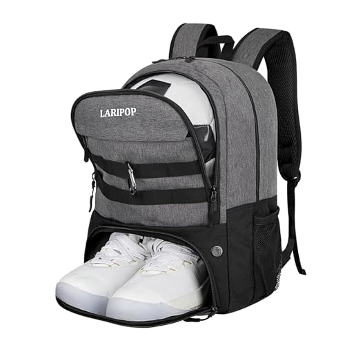 LARIPOP Soccer Backpack with Ball Holder & Shoe Compartment Large Capacity Sports Bag for Training - color: Light gray