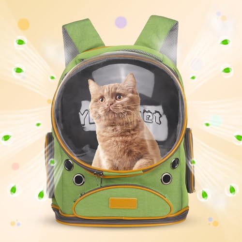 Pet Backpack Carrier, Portable and Ventilated, Oxford Cloth, Dog Cat Travel Bag with Transparent Cover 12.6", (Green, 1 Pcs), Intended for Hiking/Camping/Traveling - color: Green